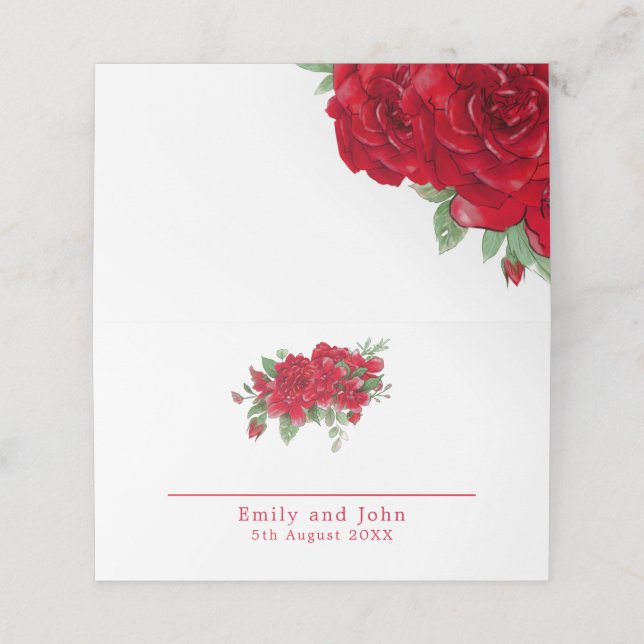 Rich Red Roses Floral Names Date Wedding Place Card (Outside Unfolded)