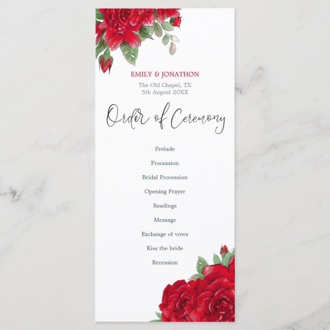 Rich Red Roses Floral Stylish Script Wedding Programme (Front)