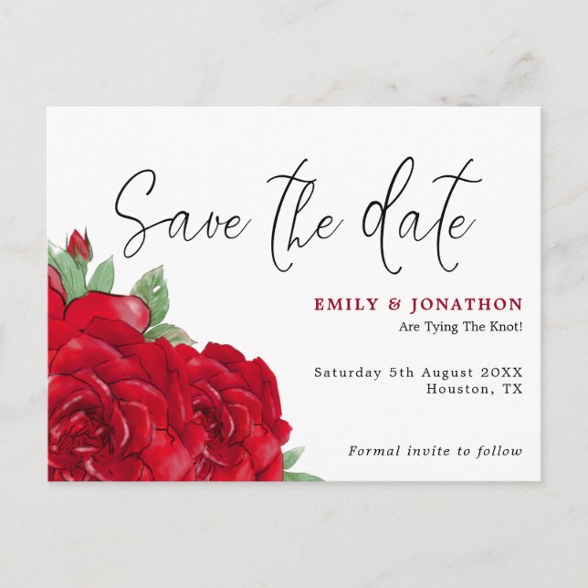 Rich Red Roses Wedding Save The Date Postcard (Front)