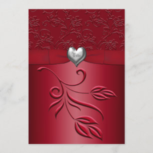 Rich Red Silver Heart Floral Wedding Invitation
