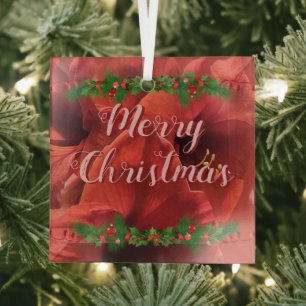 Rich Ruby Red Amaryllis "Merry Christmas" Glass Tree Decoration