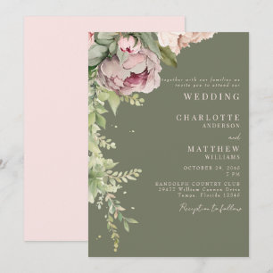 Rich Sage & Pink Peonies Elegant Wedding Invitation