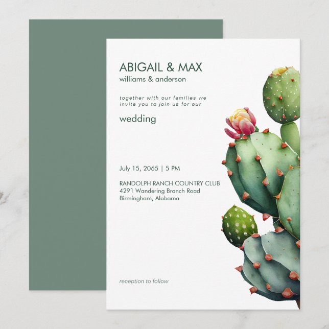 Rich Sage Tropical Cactus Modern Wedding Invitation (Front/Back)