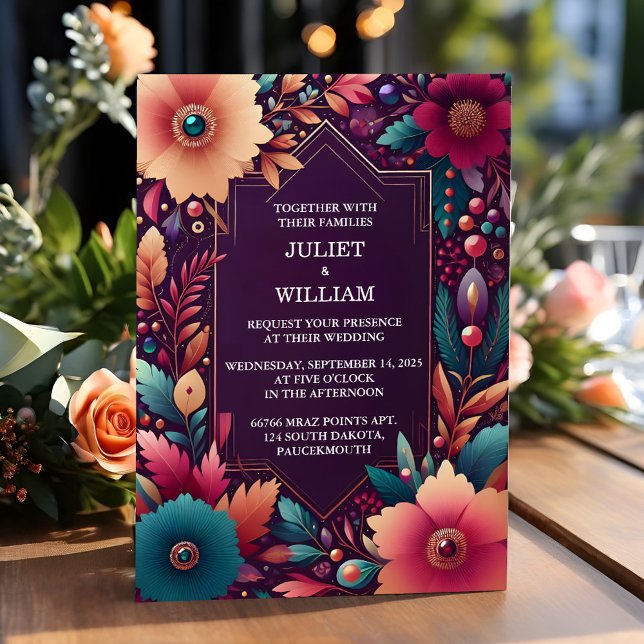 Rich Soft Teal Fall Gem Bold Jewel Tone Wedding Invitation (Creator Uploaded)