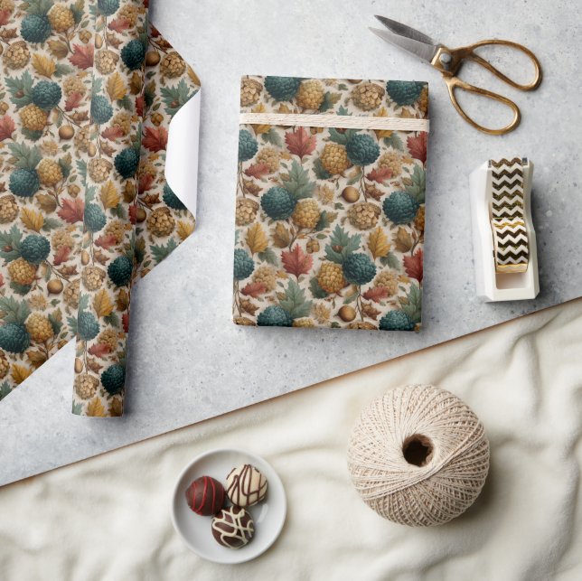 Rich Teal and Gold Pinecones Acorns Fall Pattern Wrapping Paper (Crafts)