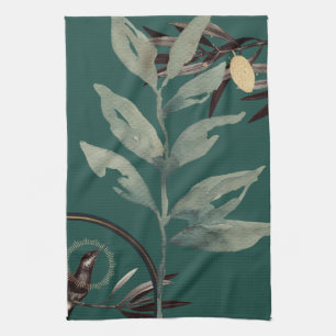 Rich Teal Green Artistic Watercolor Leaves Tea Towel