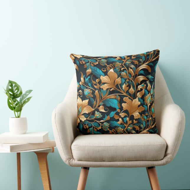 Rich, Vibrant, Gold, Turquoise, Fall Leaves Cushion (Chair)