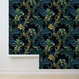 Rich Victorian-style pattern with blue and green Wallpaper