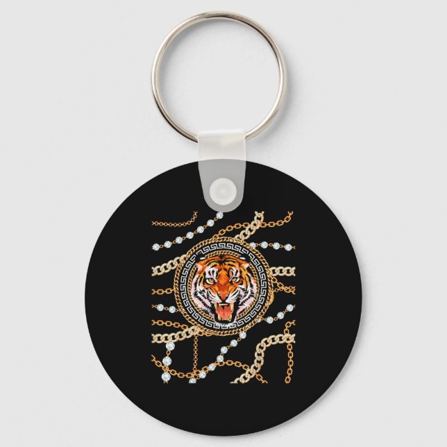 Rich Wild Tiger With Printed Gold Chains &amp; Dia Key Ring (Front)