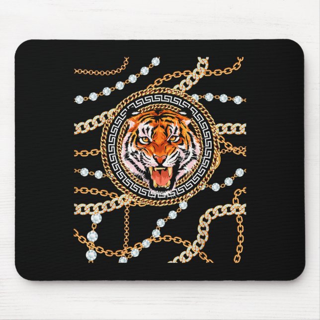 Rich Wild Tiger With Printed Gold Chains &amp; Dia Mouse Mat (Front)