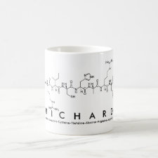 Mug featuring the name Richard spelled out in the single letter amino acid code