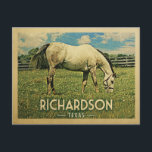 Richardson Texas Horse Farm - Vintage Travel Postcard<br><div class="desc">Richardson Texas rural vintage travel postcard.  It features a white horse grazing on green grass with fence and blue clouds sky above. A fun country farm image with rustic charm.</div>