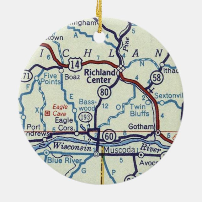 Richland Centre WI Old Map Ceramic Tree Decoration (Back)