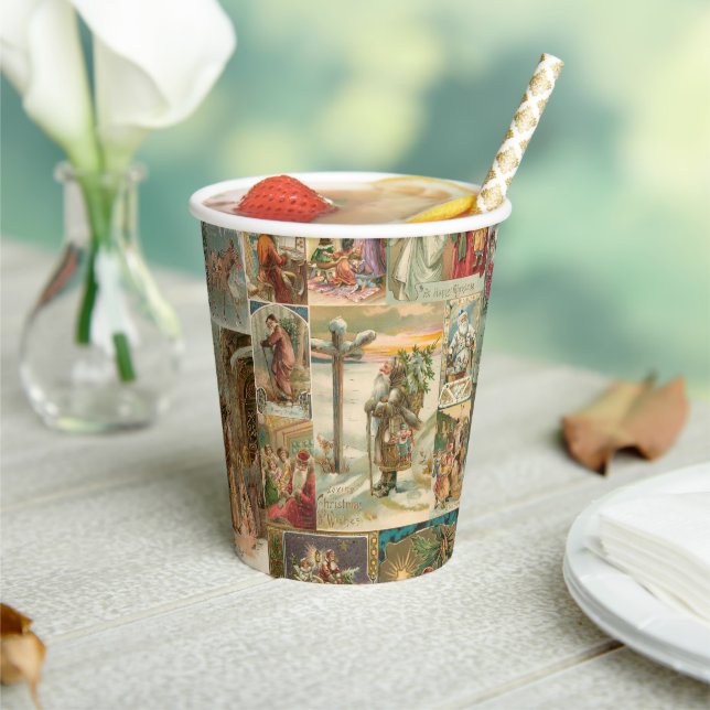 Richly-Detailed Vintage Father Christmas Collage Paper Cups (Insitu)