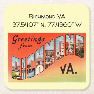 Richmond VA, Map Coordinates, Vintage Style Square Paper Coaster