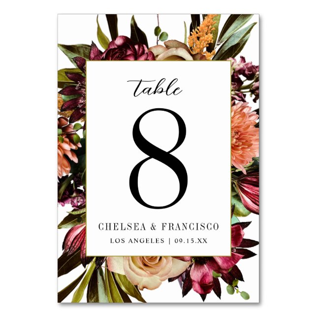 Richness of Spring Colourful Floral Wedding Table Number (Front)