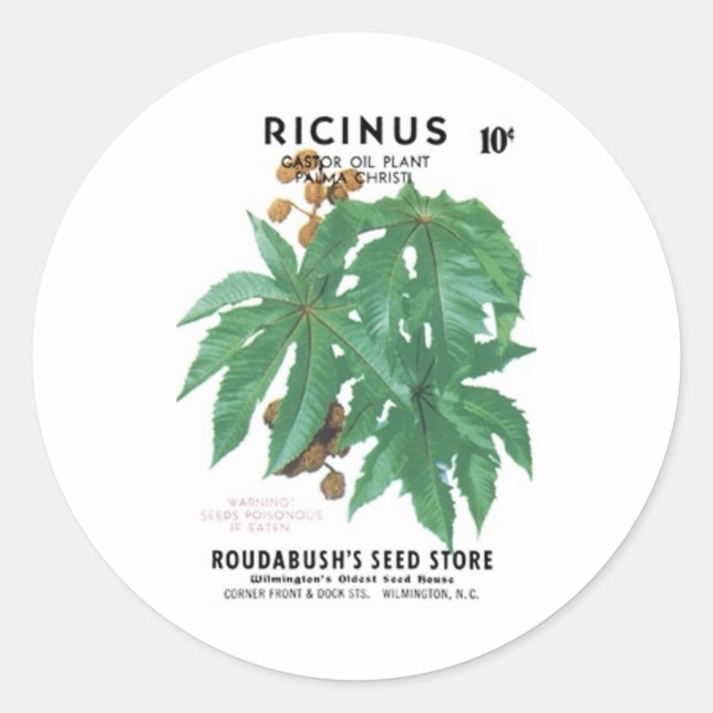 Ricinus, Castor OIl Plant, Roudabush's Seed Store Classic Round Sticker (Front)