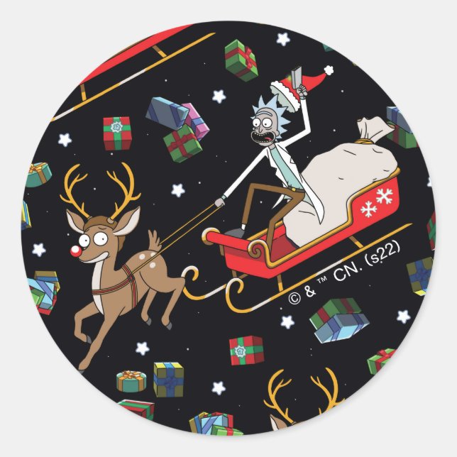 Rick and Morty | Christmas Reindeer Sleigh Pattern Classic Round Sticker (Front)