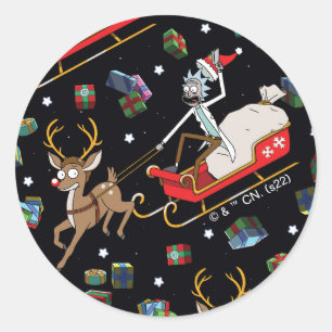 Rick and Morty Christmas Reindeer Sleigh Pattern Classic Round Sticker