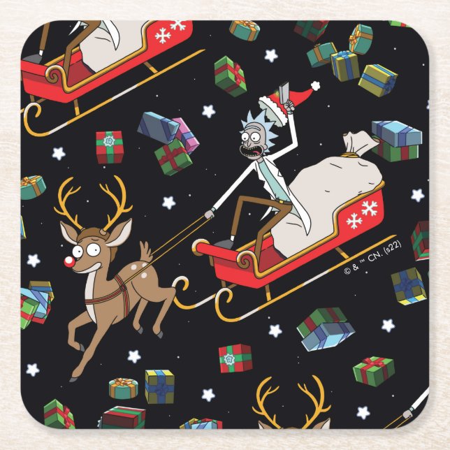 Rick and Morty | Christmas Reindeer Sleigh Pattern Square Paper Coaster (Front)