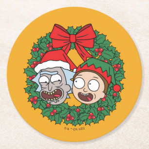 Rick and Morty   Holiday Wreath Pattern Round Paper Coaster