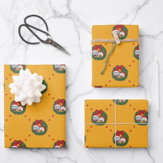 Rick and Morty | Holiday Wreath Pattern Wrapping Paper Sheet (Front)