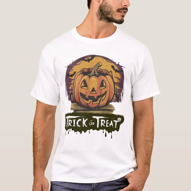 rick or Treat Retro Pumpkin Bucket Halloween T-Shirt (Front)