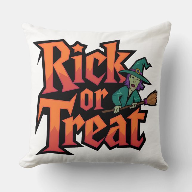 Rick or Treat Throw Pillow: Playful New Model Cushion (Front)