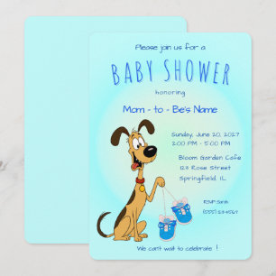 Rico the Dog holding Cute Blue Baby Shoes Invitation