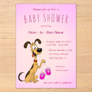 Rico the Dog holding Cute Rose Baby Shoes Acrylic Invitations