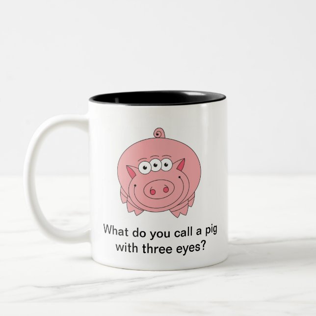Riddle Mug: Pig with Three Eyes Two-Tone Coffee Mug (Left)