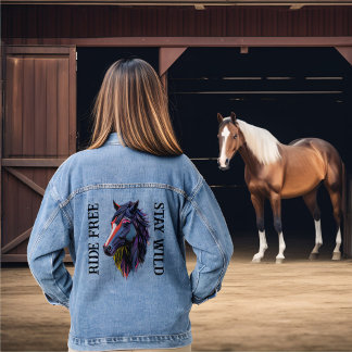 Ride Free Stay Wild Colourful Horse Head Denim Jacket