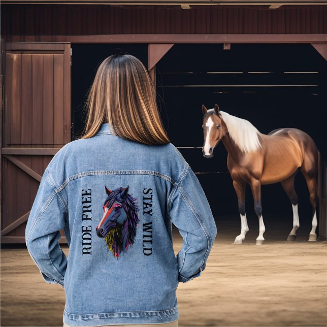 Ride Free Stay Wild Colourful Horse Head Denim Jacket (Creator Uploaded)