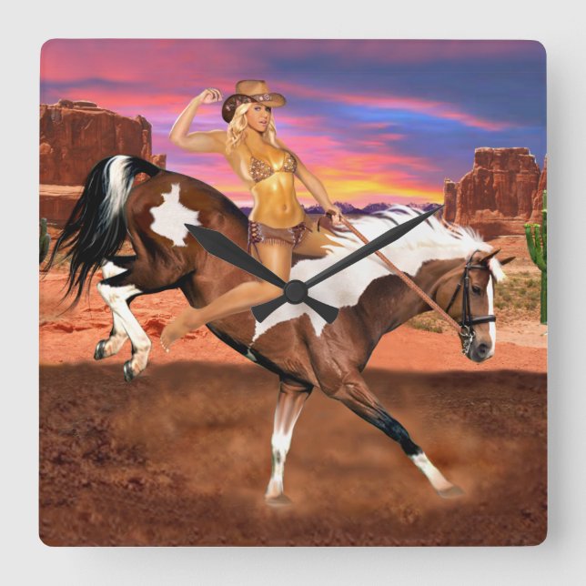 RIDE’M BRONCO COWGIRL SQUARE WALL CLOCK (Front)