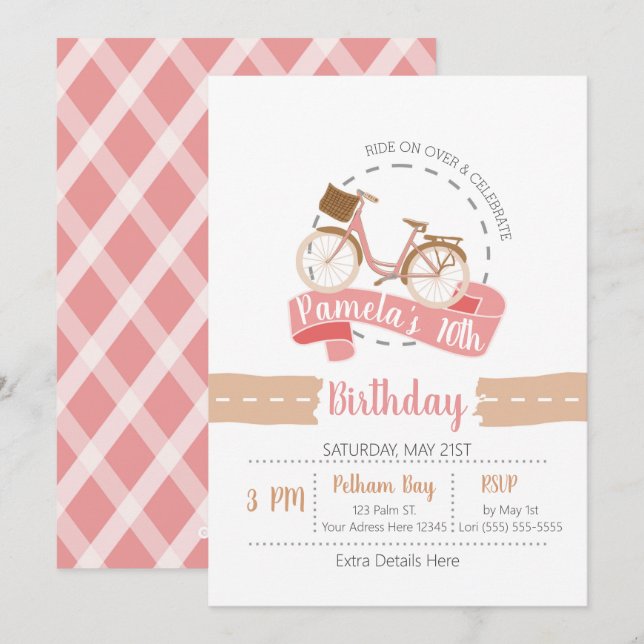 Ride On Over Bicycle Birthday Invitation | Pink (Front/Back)