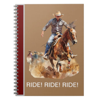 RIDE! RIDE! RIDE! Cowboy notebook on brown cover.