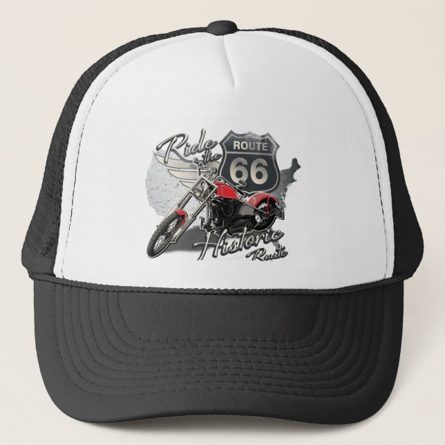 Ride Route 66, Vintage Motorcycle Trucker Hat (Front)