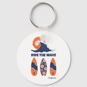 Ride the Wave Surfboards Bold Retro Surf Art Key Ring