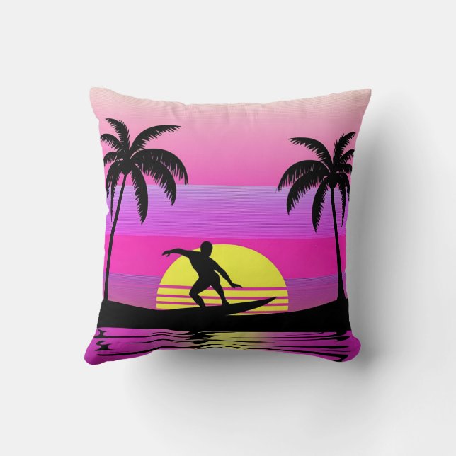 Ride the Waves – Sunset Surf Mood in Purple Tones Cushion (Back)