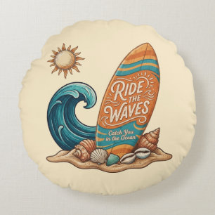 Ride The Waves - Vintage Surfing Round Decorative Cushion