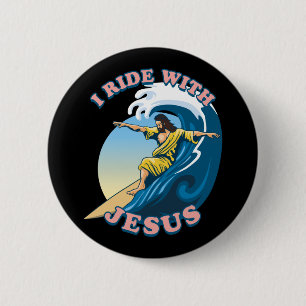 Ride With Jesus   Surfing Jesus Illustration 6 Cm Round Badge
