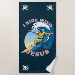  Ride With Jesus   Surfing Jesus Illustration Beach Towel