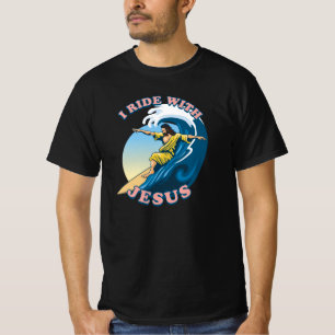 Ride With Jesus Surfing Jesus Illustration T-Shirt