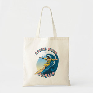  Ride With Jesus   Surfing Jesus Illustration Tote Bag