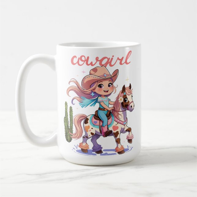 Ride with Joy – Cute Cowgirl on Her Spotted Horse” Coffee Mug (Left)