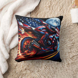 Rider blazing down the highway with American pride Cushion