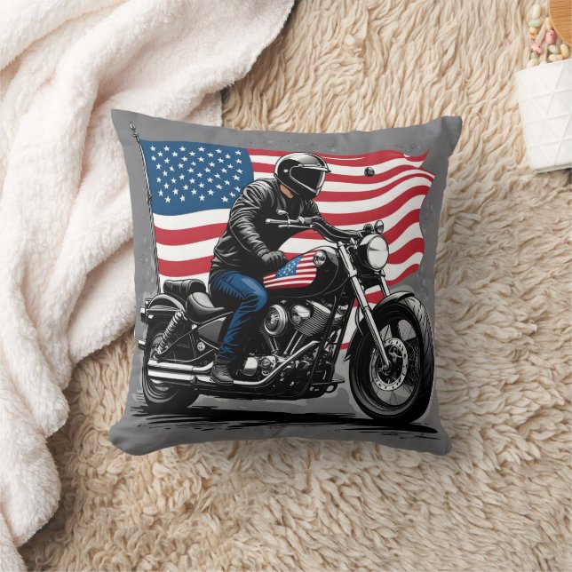 Rider cruising with pride under the American flag Cushion (Blanket)