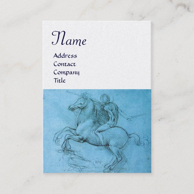 Rider on Rearing Horse Monogram,blue,silver metal Business Card (Front)