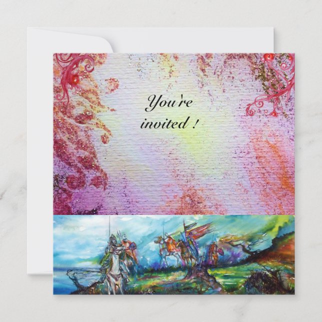 RIDERS IN STORM Mediaeval Knights Horseback Purple Invitation (Front)