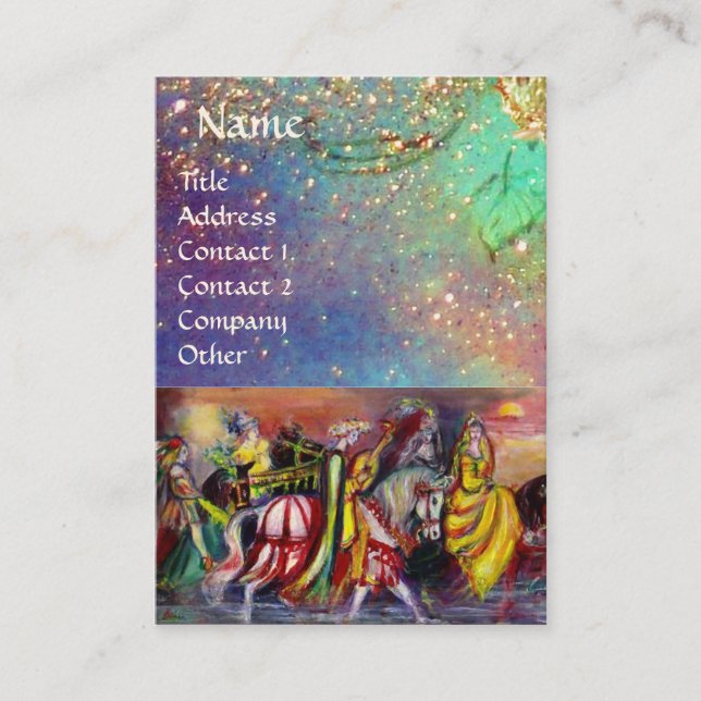RIDERS IN THE NIGHT bright blue teal,gold sparkles Business Card (Front)